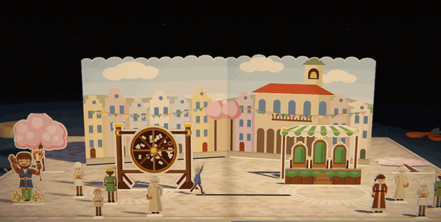 A town square of tall painted houses with a big wooden lot drum full of paper slips. The drum turns, a townsman waves as he walks across the square, and a new magistrate steps up onto the striped stand