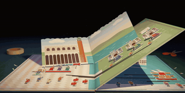 The page turns from a white council hall to a harbour. Blue water slides in across the page, and merchant ships with red and white sails sail in under the arches of a city wall