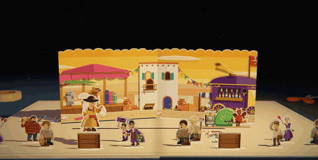 A market square in hot orange. Two speakers stand on crates, a captain in a feathered hat and the warlord, each under a sign showing the plunder he promises, while the crowd turns from one to the other