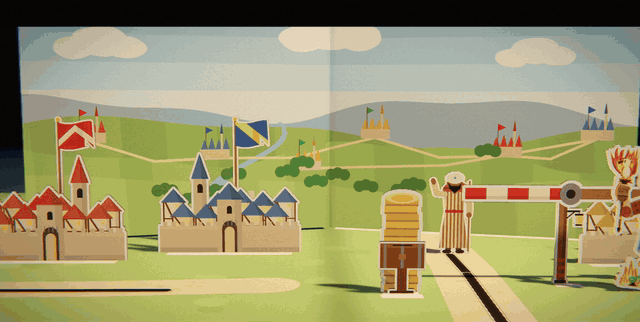 A green countryside of walled towns with flags. A donkey cart rolls up to a red and white toll gate beside a stack of coins, the warlord lifts the bar, and the cart goes through
