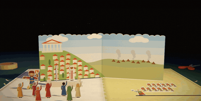 Robed citizens vote at the foot of a hillside temple. A flock of white paper birds flies over a sunny cloud above them, while a dark storm cloud with black birds rolls over a line of enemy spearmen on the other side of the page