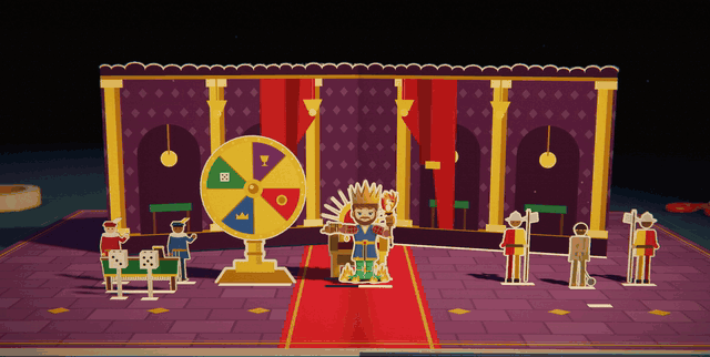 A purple and red throne hall with gold pillars. A big coloured wheel of fortune spins in the middle, courtiers throw dice at a green table, and the crowned warlord sits beside the wheel