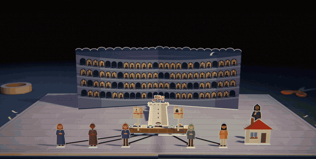 The page turns from a wall of filing windows to a tidy square in front of a huge grey ministry with a clock tower. A guard stands by the stocks, and a clerk stamps papers in a green booth while a farmer waits
