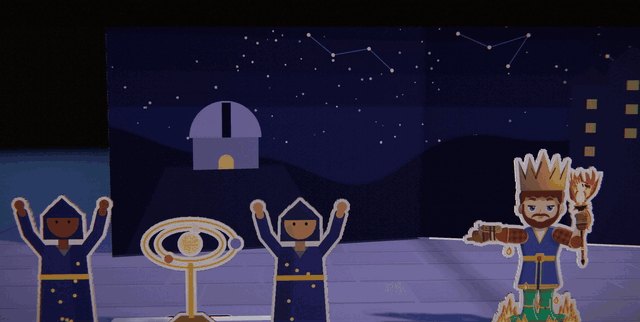A night scene under paper stars. Two robed seers raise their arms beside a brass orrery, and a vision cloud above them shows hooded plotters, then a spy with a letter. The plotters end up in a barred cell on the right