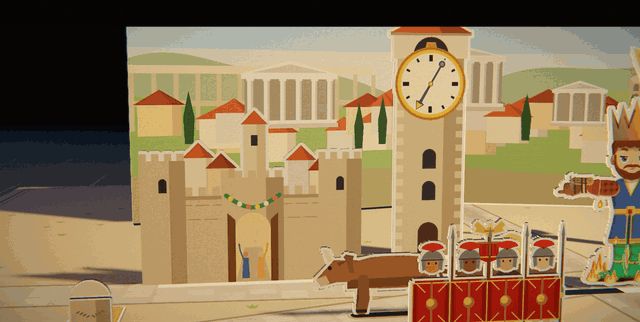 A marble city with a clock tower. The crowned warlord stands in front of it as a gold eagle on a column rises, a column of legionaries marches past, and a walled city on the right goes up in flames