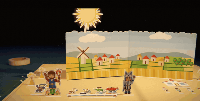 A co-op Commonwealth. The warlord and two partners, a green-faced man in a hat and a woman in a wolf hood, stand at a long feast table with the farm folk. Then the page shows a white schoolhouse with children in front of it