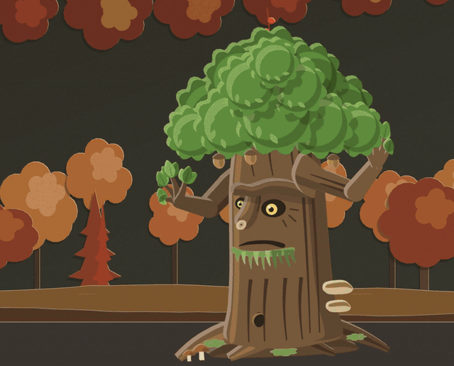 A close view at half speed. The gold front climbs from the Treant's chest to his crown, green paper leaves fly off the turning canopy, and white antlers grow up out of it last