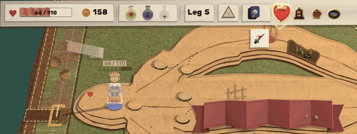 The top bar at the start of a fight. The purse goes from 158 to 163 with a +5 slip, the Prospector's Pan lights up at the end of the relic row, and coins arc up into the purse before the bar slides away