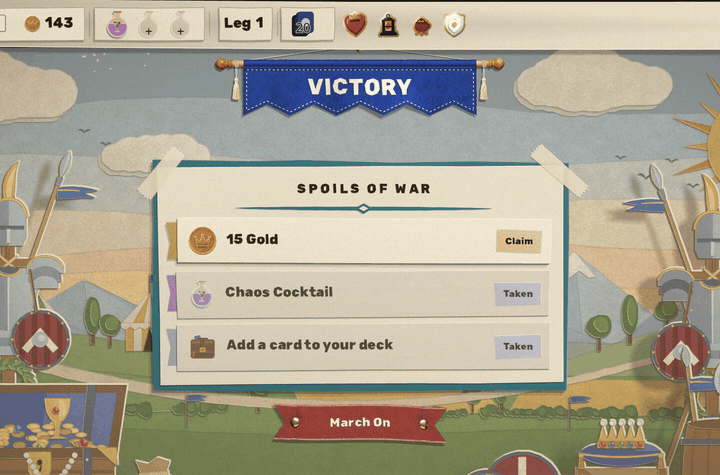 The Spoils of War after a win, with the card and potion already taken. The 15 gold is claimed, the coins fly to the purse, and the small red March On ribbon swells into a bigger one and slowly breathes
