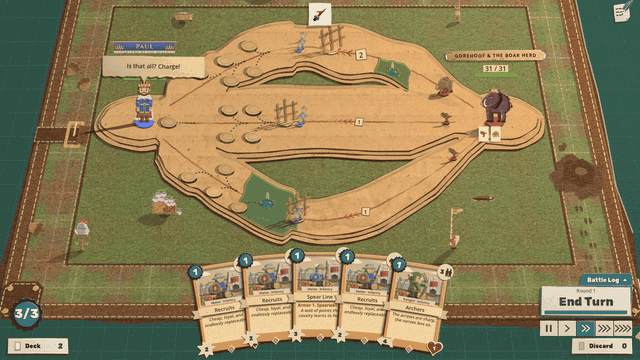 A fight against Gorehoof and his boars. The turn is ended with five playable cards in hand, the hand drops away and the buttons fade, the camera watches the board through the enemy's turn, and the new hand rises back in at Your Turn