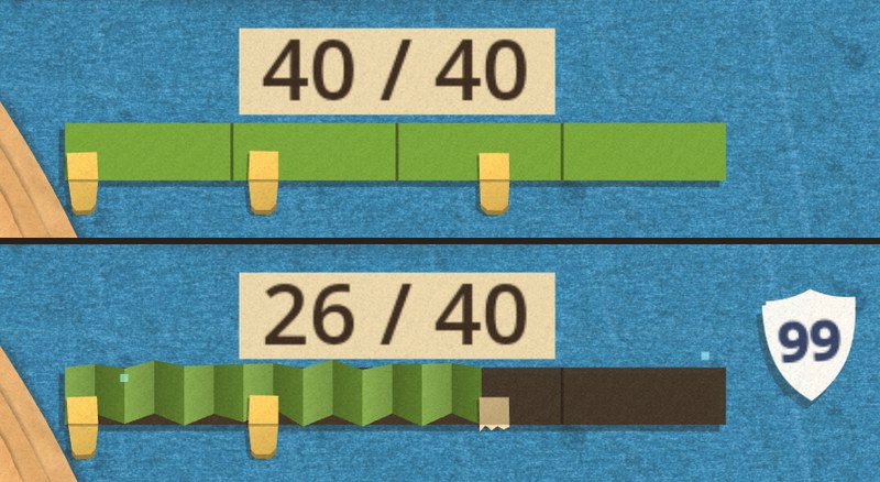 Two close-ups of The Brass Colossus's health bar. At 40 of 40, three brass paper tabs hang under it. At 26 of 40, after the first break, one tab has been torn down to a ragged stub