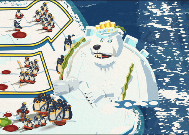 Calvin, the crowned polar bear, at the edge of the ice. A warlord wreathed in fire leaps in and strikes, the bear goes under, and his gold crown bobs in spreading rings. No foam lies over the warlord