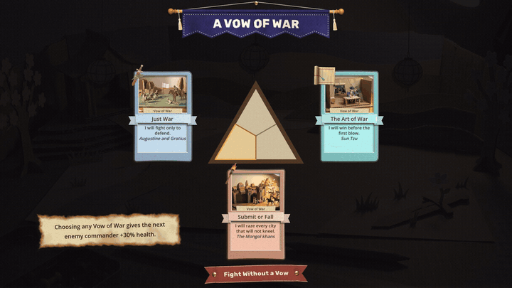 The Vow of War room. Three vow cards stand around a wooden triangle. Submit or Fall is picked, the others fade away, and two notes unfold beside it: Each round, deal 3 damage to up to 8 enemies, on clean paper, and Survivors gain +1 attack, on scorched paper