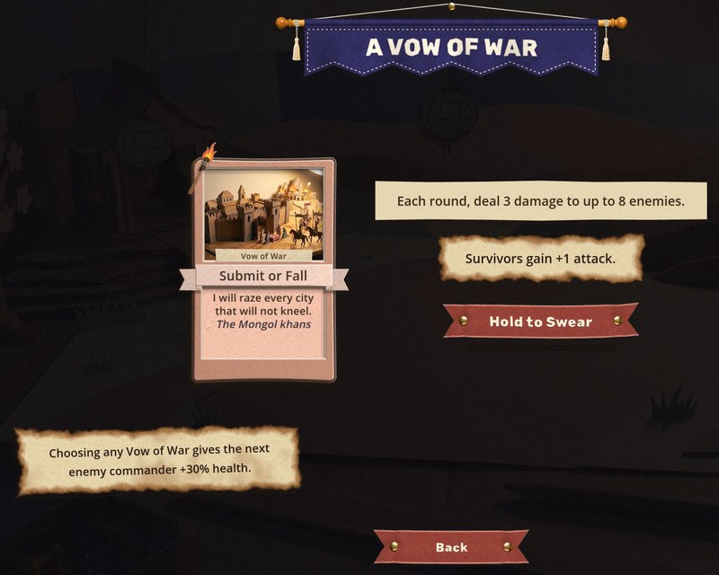 Close view of the war room while Submit or Fall is being read. In the bottom left corner a scorched paper note reads: Choosing any Vow of War gives the next enemy commander +30% health