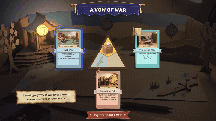 A thin blue ring steps around the vow room on a controller. It follows the outline of a vow card, then the shape of the triangle's sworn peace corner, then the other cards and the Fight Without a Vow ribbon