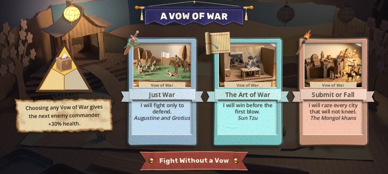 The Vow of War room on a wide phone screen. Three vow cards in a row, the triangle and the scorched war note in a column on the left, and the Fight Without a Vow ribbon at the bottom