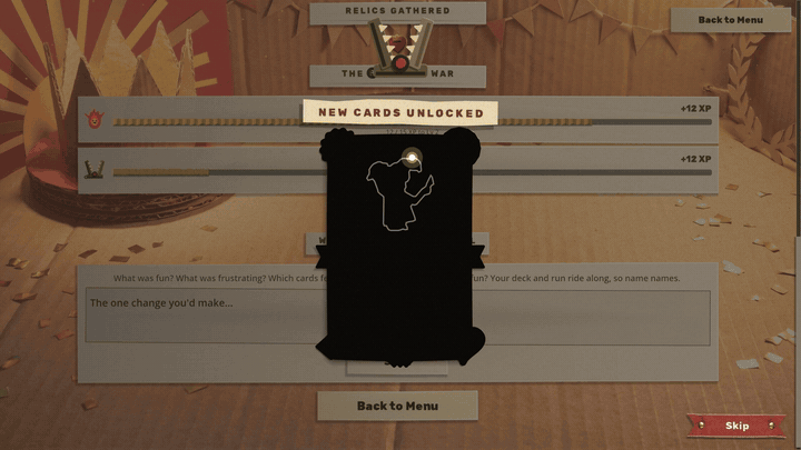 A new card unlocked as a black silhouette. A finger, shown as a grey dot, circles it and a glowing pen follows round the outline. Half way, the finger taps the red Skip ribbon, the rest of the outline draws itself and the card burns in