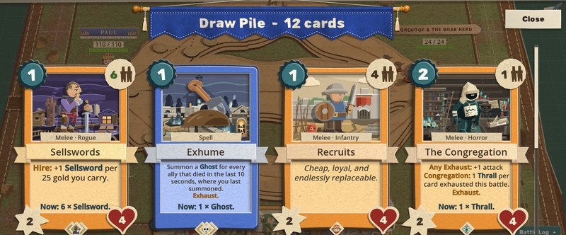 The Draw Pile view in a fight. Sellswords reads Now: 6 Sellswords, and Exhume and The Congregation show their own Now: lines