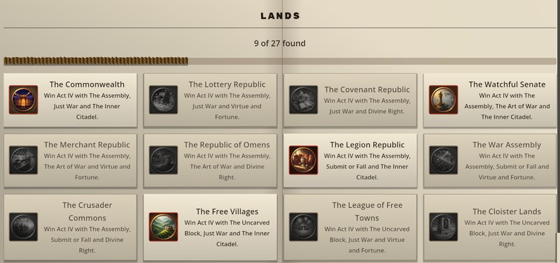 The Records page at its Lands section, 9 of 27 found. Found lands such as The Commonwealth and The Free Villages have coloured medallions, and the rest are grey, each naming the three vows that make it