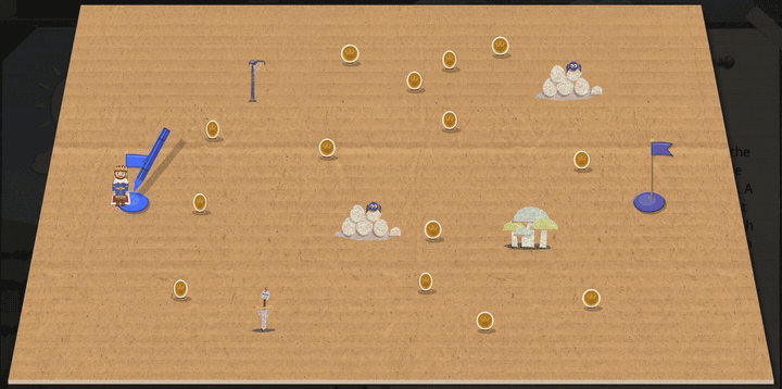The Crayon Roads board. A blue crayon road is dragged straight at a pile of spider eggs, waits at its edge, then curves down and round it, picks up coins and reaches the lord's flag