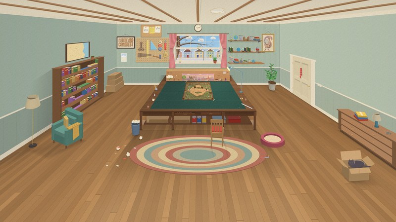 Uncle Jim's whole workshop: the long workbench with the battle mat on it, a window, a bookcase and armchair, a striped rug, a cat asleep in a box and the tall cream door on the right wall