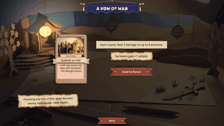 Under an A Vow of War banner, the Submit or Fall card is held: a torn hole opens behind it and spreads until a cardboard city under siege, with riders and burning towers, fills the screen. The picture snaps back into the card, the card is crushed into a white-hot wedge and hammered into the bottom-left corner of a triangle in a burst of sparks, where it cools to orange