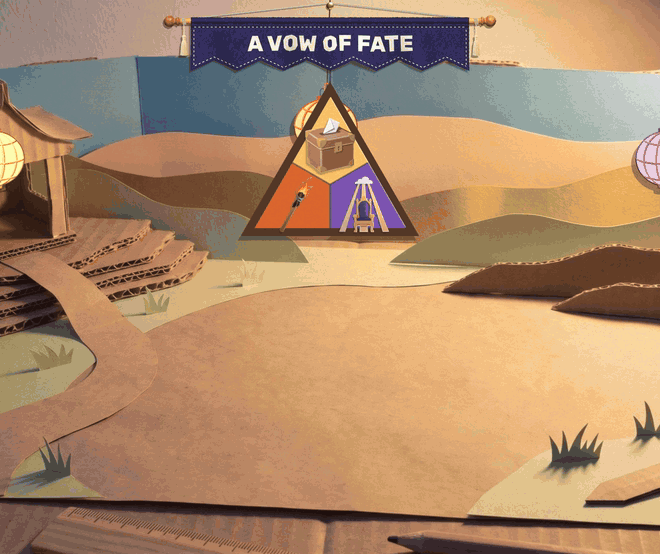 A paper triangle with three filled corners (a ballot box, a torch, a throne) hangs over a lantern-lit valley. Its three pieces lift apart, turn and slam back together in a white flash; light shafts burst out, a sun-and-shield crest with orange pennants is thrown down beneath it, and the name The Crusader Commons unfolds on an orange ribbon, with Beat the act 3 boss to march on to Act 4 underneath