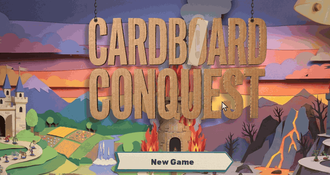 On the title screen, the hanging Cardboard Conquest sign is clicked over and over until its right chain snaps; it drops to hang by its left corner and spins round on the one chain, showing its plain brown back. A few more clicks and it falls off the bottom of the screen, and a fresh sign swings down on two chains