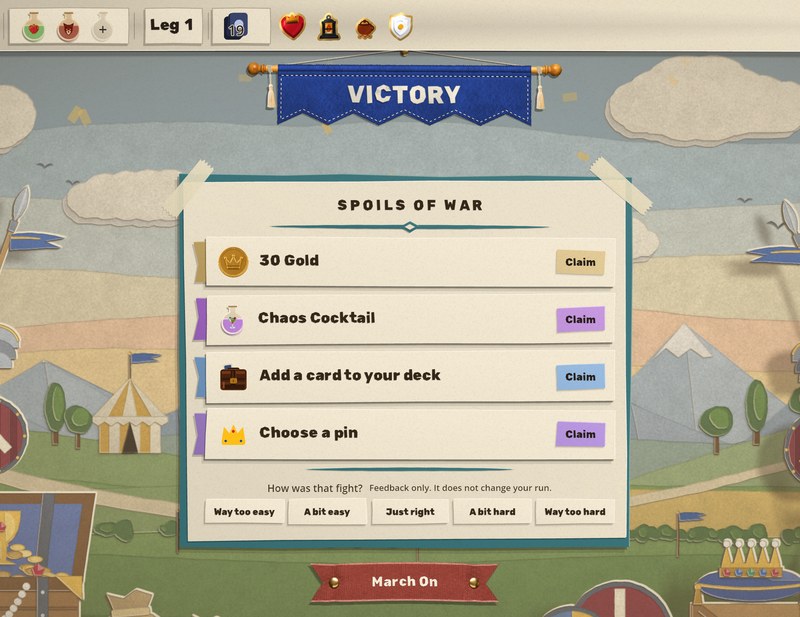 The Victory screen after a fight: a Spoils of War sheet lists 30 Gold, a Chaos Cocktail, Add a card to your deck and Choose a pin, each with a Claim button, under a run bar whose right end holds four enamel pins