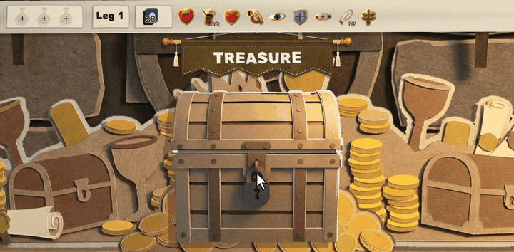 In the paper treasure vault, a pointer clicks the chest; its lid bursts open in a fan of orange paper rays and three pins fly out onto three index cards (Deadman's Fuse, Unblemished Shield, Splint Kit) that stand up off the vault floor. The pointer picks the Unblemished Shield; its pin lifts off the card, leaving a small hole, and flies up into the run bar at the top