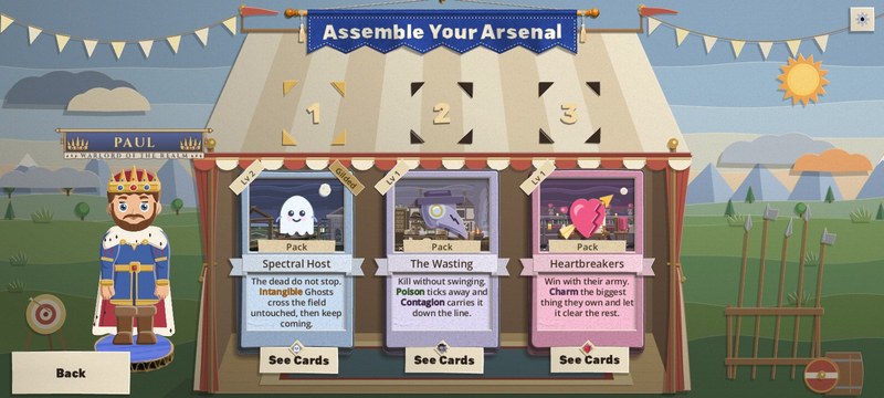 The Assemble Your Arsenal pavilion on a phone screen: the King stands at the left with his Paul, Warlord of the Realm sign hanging over his crown, three pack cards in the middle, and the Back plate at the bottom left under his feet