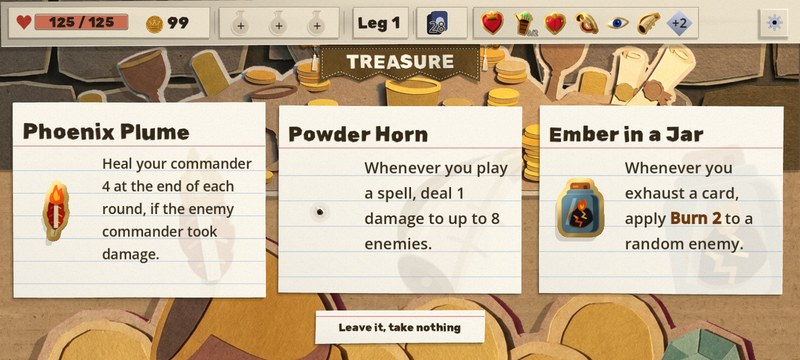 The treasure vault on a phone just after a pin was taken: three large index cards, the middle one with a pin hole where its pin was. Across the top, the run bar is one row of tiles: health, gold, three empty potion slots, Leg 1, the deck, and a row of pins ending in the horn pin just taken and a +2 chip
