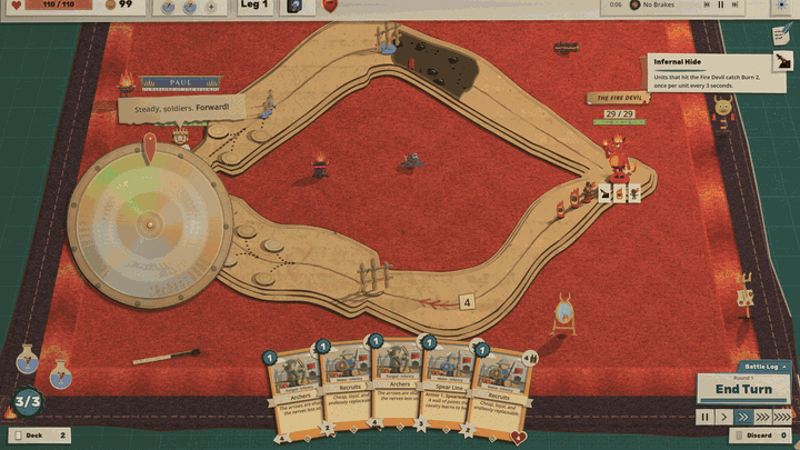 Mid-battle, a paper wheel of fates rolls in and spins to a stop; the winning wedge's icon lifts off into a glass flask with a storm cloud inside, held up over the dimmed field with the name Chain Lightning, the line Lightning arcs through up to 8 enemies for 10 damage each, and a Throw button. The flask is thrown, breaks in a blue splash, and lightning arcs into the enemy line