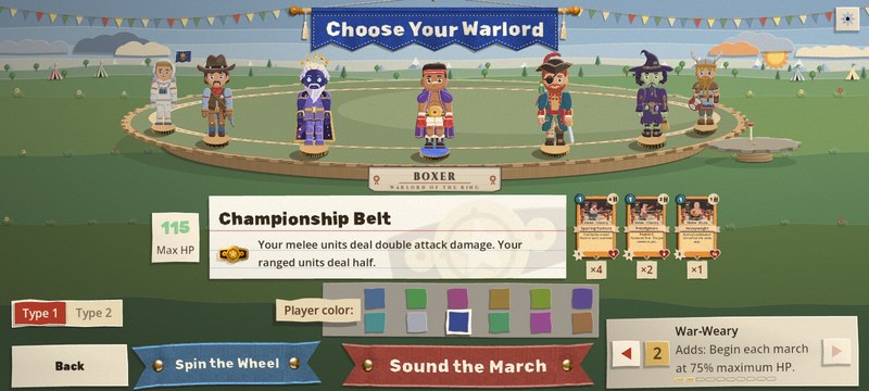 The Choose Your Warlord screen on a phone: seven paper warlords on a pedestal ring, the Boxer's rule and cards in the middle, and at the bottom a Player color board of twelve chips in two rows of six, over the Back, Spin the Wheel and Sound the March ribbons