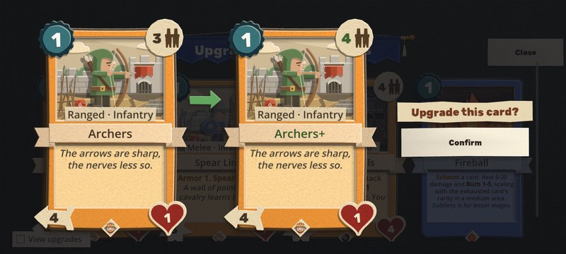 The upgrade confirm on a phone: two big Archers cards side by side filling the screen's height, the plain one and the upgraded Archers+, with a green arrow between them, and to their right Upgrade this card? over a Confirm button