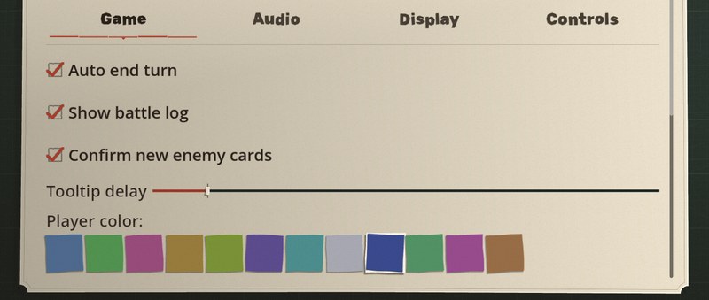 The Settings sheet's Game tab on a phone: Game, Audio, Display and Controls tabs, three tick boxes, a Tooltip delay slider, and a row of twelve large square colour chips under Player color