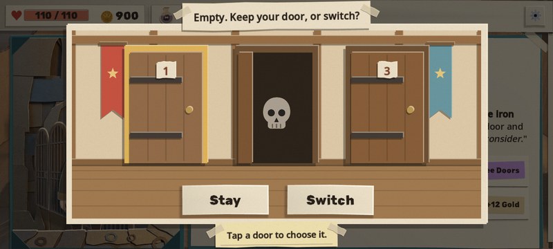 The Keeper of Three Doors on a phone: three tall wooden doors fill most of the screen, door 1 picked with a gold frame and door 2 opened onto a skull, with Empty. Keep your door, or switch? on a taped slip above and big Stay and Switch buttons below