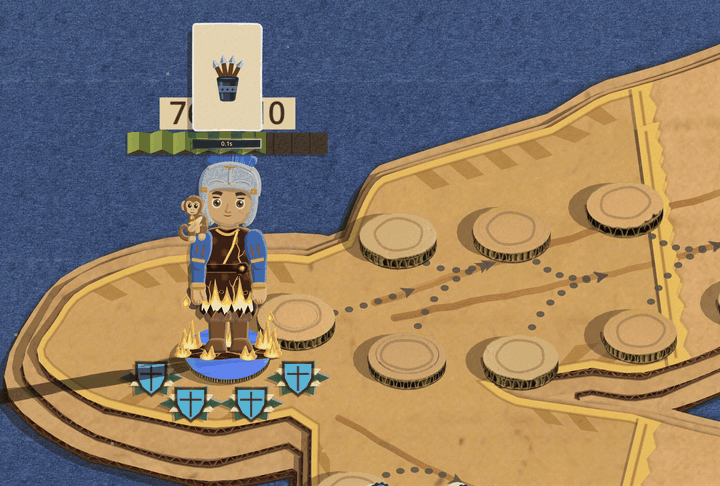 The player's commander stands on a sheet of gold paper taped round the edges, with four blue shield marks at his feet. The pointer rests on the small Warden Volley card over his head: the card grows to reading size and the gold sheet swells out from him and prints brighter while the card is read, then settles when the pointer leaves