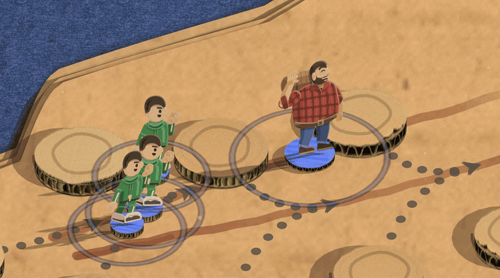 On a sandy field, three Joggers in green tracksuits and Big Ed in a red plaid shirt stand on blue bases with a thin clock ring round each. The rings run out, the four of them flicker into werewolves, a huge grey wolf among them, and a few seconds later flicker back into the villagers