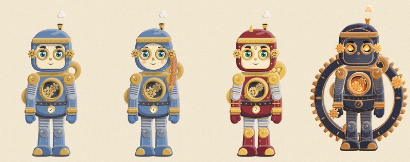 Four little clockwork robots on cream paper: a steel-blue tin robot with a cream face, round glass eyes, cog ears, a steam puff from a whistle on his lid and gears behind a round chest window; the same robot with lashes, rosy cheeks and a copper braid; the same robot in oxblood red and gold; and a dark iron robot with glowing amber eyes in front of a big cogged ring