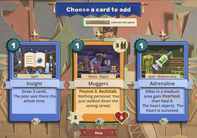 A Choose a card to add pick of three cards: Insight, Muggers and Adrenaline. The Gunslinger's laughing head pokes up out of a green paper strip on the top edge of Muggers, which has a thin green ring drawn round it, and a note above reads Gunslinger endorses this option