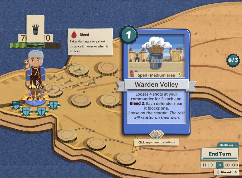 The first time the Warden Volley is seen it is brought up big beside the player's commander, with a Bleed note and Click anywhere to continue under it, and the hand of cards tucked away