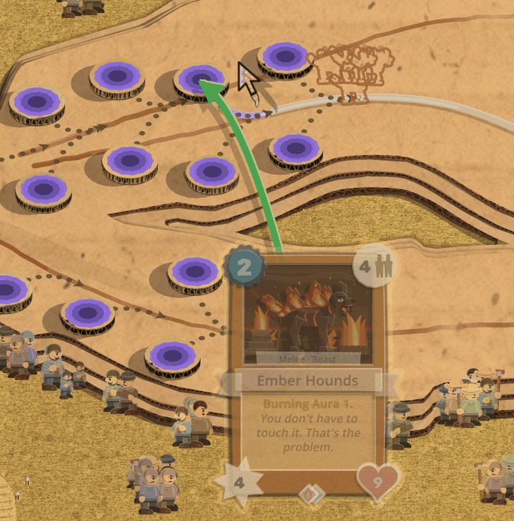 The Ember Hounds card is lifted out of the hand and a green arrow curves from it to a summoning spot on the field, where the pointer rests; a faint pale glint keeps running up the arrow from the card to the tip