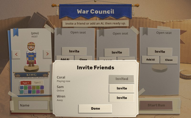 The War Council table with the King in the host's seat and three open seats. Over it lies an Invite Friends plate listing three friends: Coral (Playing now) with a greyed Invited button, Sam (Online) and Wren (Away), each with an Invite button, and Done at the foot