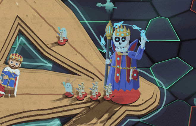 In a teal-lit underworld, a crowned king charges a tall crowned skeleton in a purple robe. The skeleton grabs at him and closes its hand on nothing as the king ducks and cuts a red book off the skeleton's hip. He holds it open: pale ghosts stream out of its pages, swarm over the skull and drag the skeleton, spinning and shrinking, into the book. The king slams it shut and holds it over his head, the skeleton's crown and staff left lying on the board