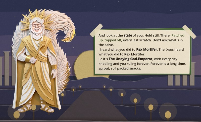 Uncle Jim in gold robes with a sun-ray crown on a night road lined with lanterns and pale columns, beside a taped note that ends: So it's The Undying God-Emperor, with every city kneeling and you ruling forever. Forever is a long time, sprout, so I packed snacks