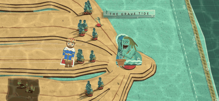 On a sandy board under a sheet of sea water, the king pulls a plug on a chain out of the pool at a grinning sea-green giant's feet. A paper whirlpool opens, the giant spins round and goes down the hole with a folded paper boat circling after him. The camera opens out to the back wall, where a harbour scene shows through the water, and the waterline drops down the wall and is gone