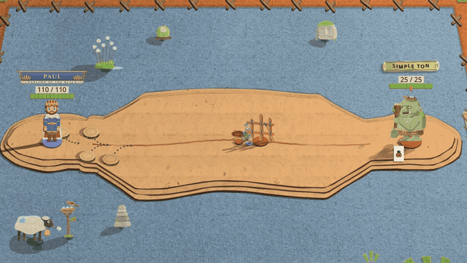 A close view of one cardboard lane on a blue felt blanket, the king at one end and a big green troll at the other. The camera glides back until the whole blanket and the meadow card on the back wall are in frame; a ruck runs through the felt like a kicked rug, the near corner flips up and flops back, and the card on the wall drops crooked on one tape. Then the camera glides back in to the lane