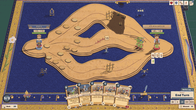 A battle board with the King at one end and a cowboy warlord at the other. The screen goes dark, a big pink heart cracks in two, and the cowboy pops up in front of it firing his pistol into the air, under a torn red banner reading Gunslinger, The Heart Breaks