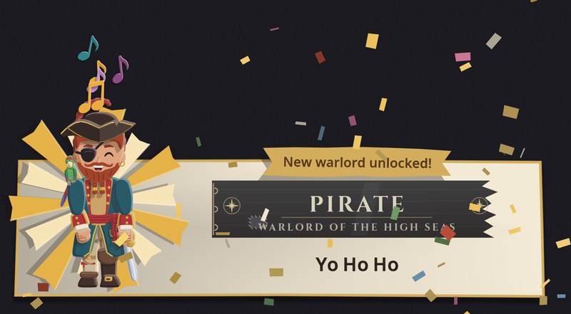 An achievement pop under falling confetti: a pirate doll with an eye patch and a parrot dances in a gold starburst, beside a cream plate with a gold ribbon reading New warlord unlocked!, a black painted sign reading Pirate, Warlord of the High Seas, and the achievement name Yo Ho Ho